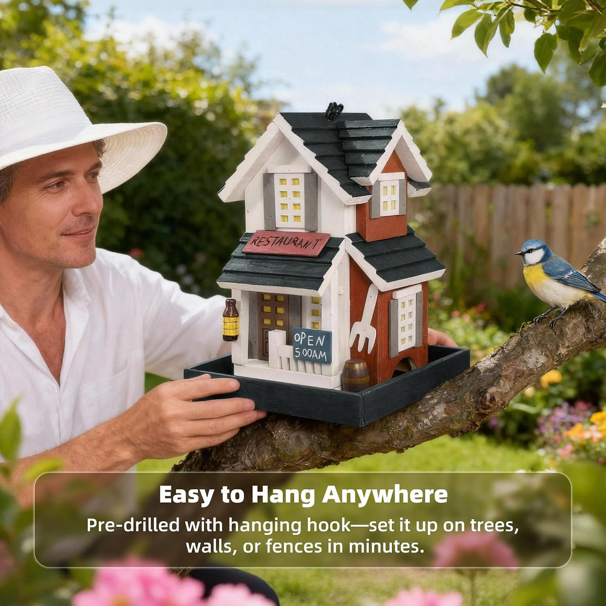 mewang nature's elegance bird feeder - wooden bird, close-up detail