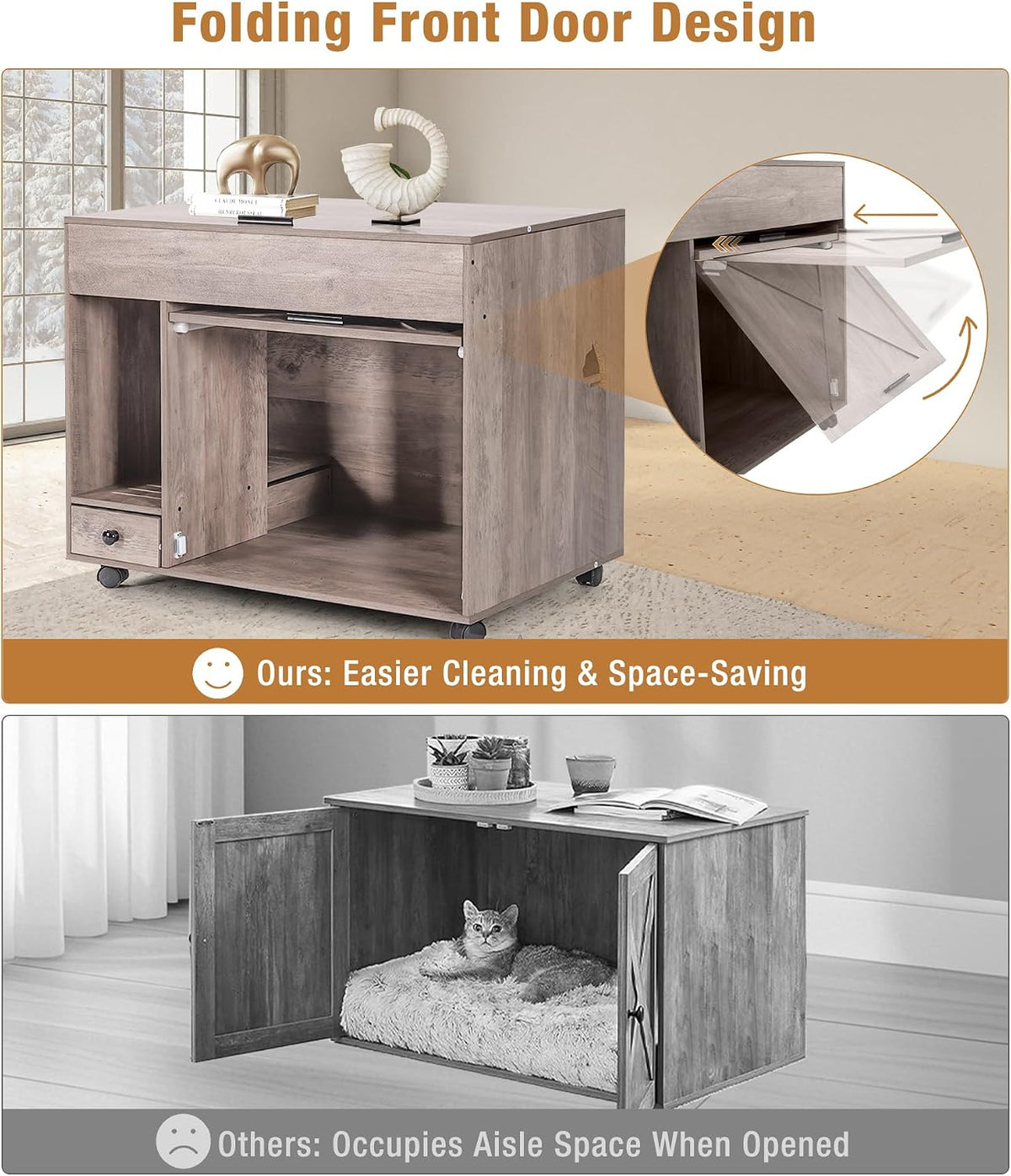 gutinneen cat litter box enclosure cabinet, hidden litter shown in use
