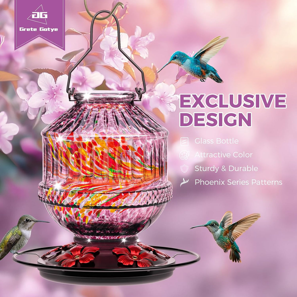 hand blown glass hummingbird feeders for outdoors, 25 shown in use