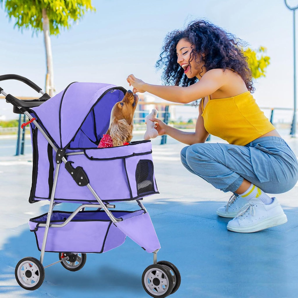 fdw | 3-wheel foldable pet stroller | purple shown in use