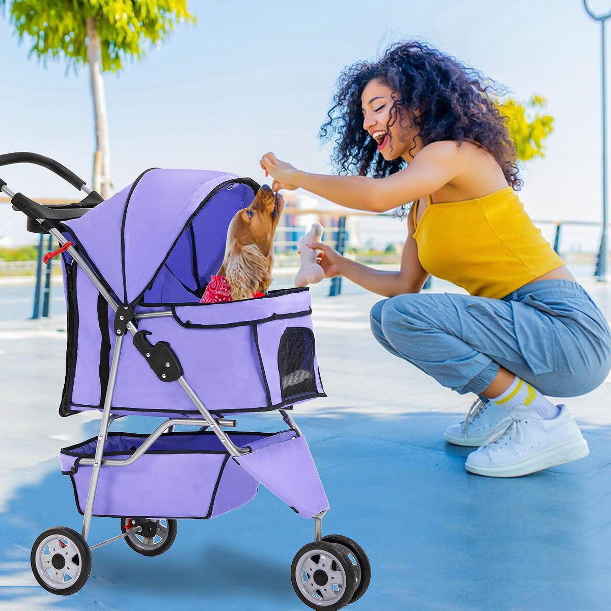 fdw | 3-wheel foldable pet stroller | purple shown in use