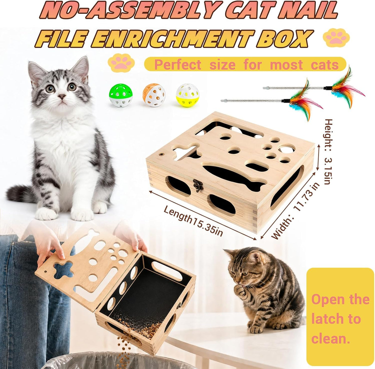 cat scratch puzzle enrichment box, interactive cat toy showing dimensions