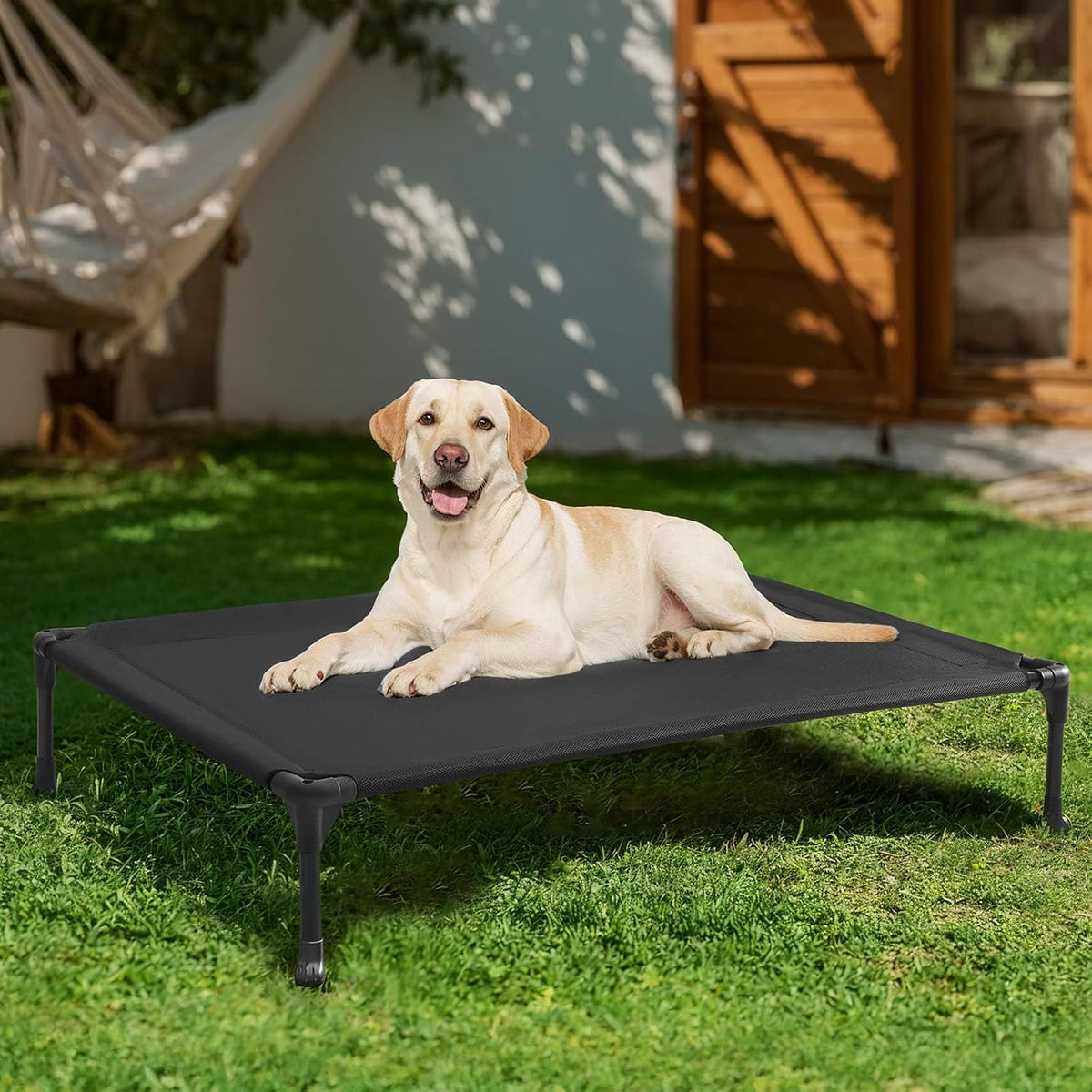 veehoo outdoor elevated dog bed large sized dogs shown in use