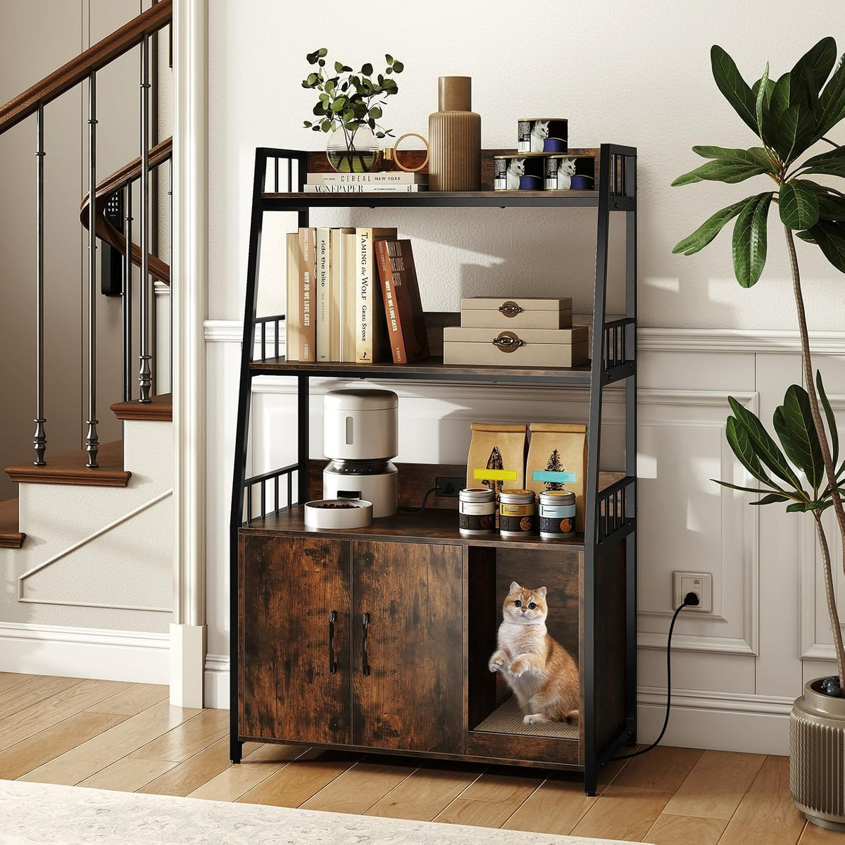 petsite cat litter box enclosure with storage shelves shown in use