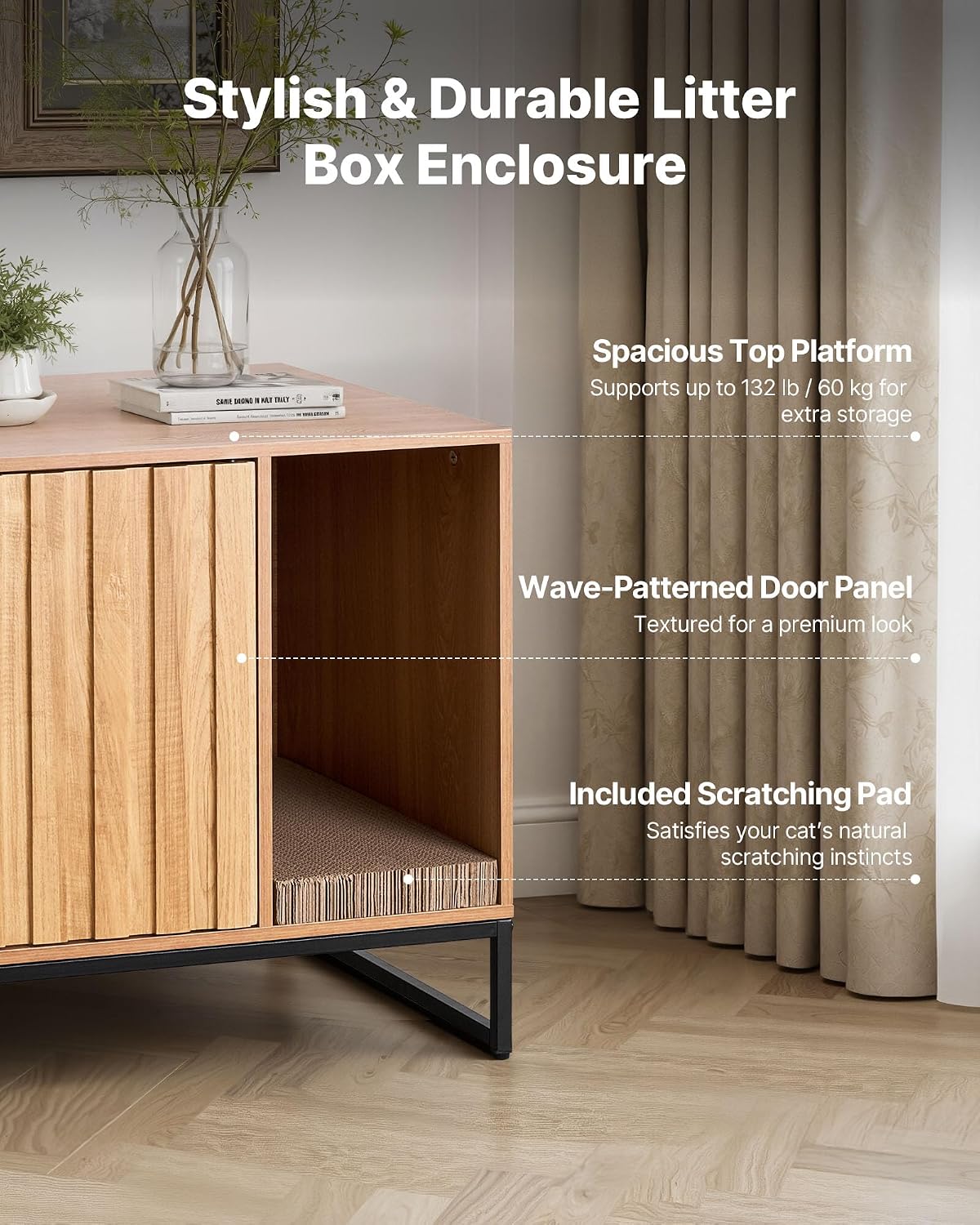 vevor cat litter box enclosure furniture, 31.5 in showing dimensions
