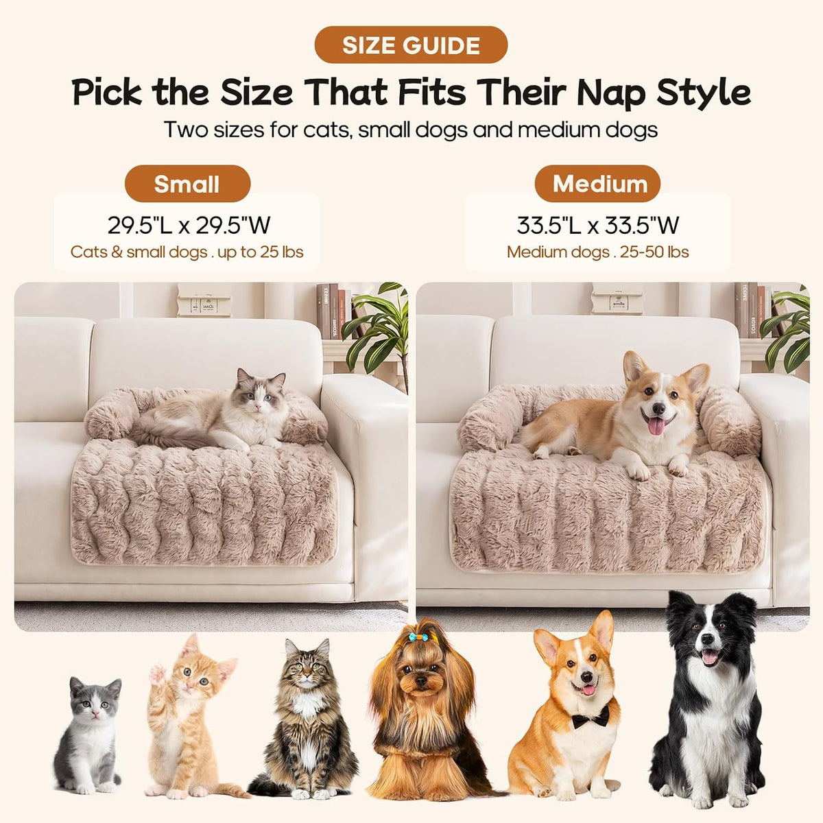 calming dog bed mat, fluffy plush couch cover showing dimensions