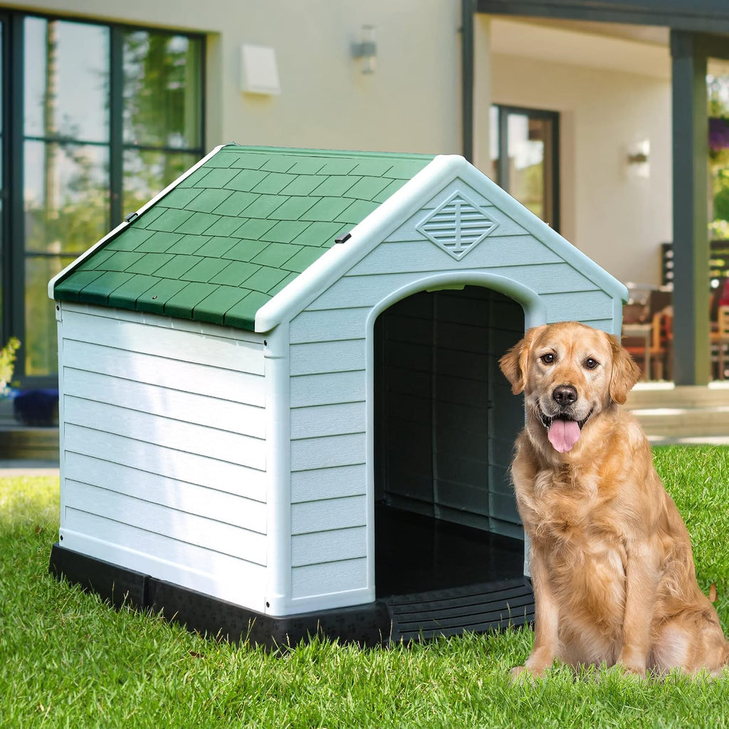 yitahome plastic dog house, waterproof indoor outdoor doghouse shown in use