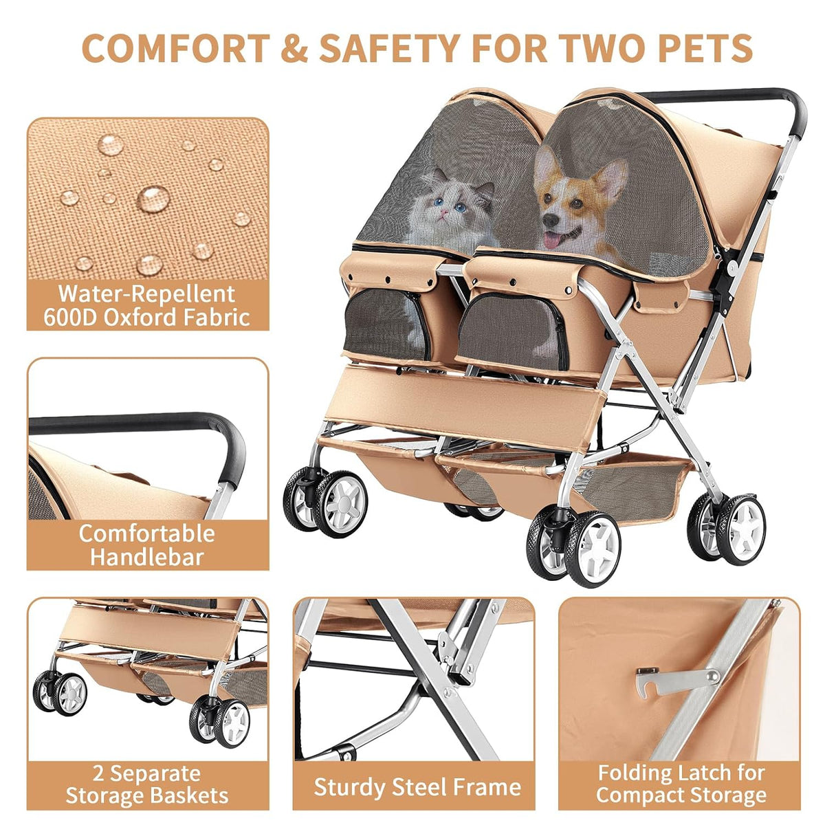 double pet stroller for 2 dogs & cats showing dimensions