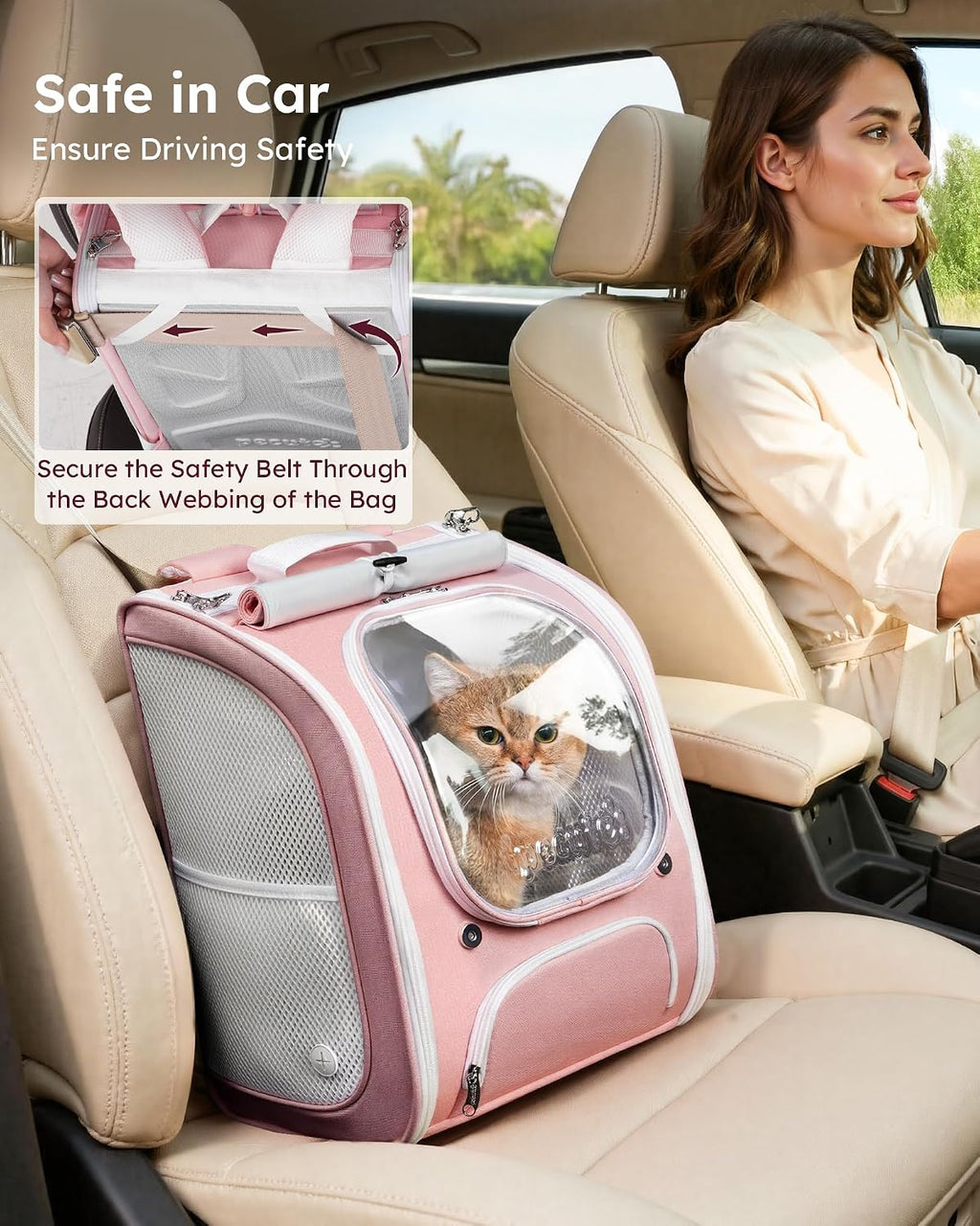 pecute cat backpack carrier,large space cat bubble backpack,ergonomic,pink, front angle view