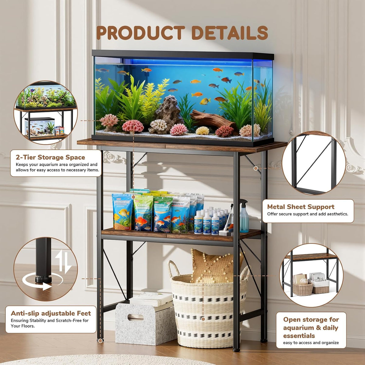 10-30 gallon fish tank stand with storage shelves, close-up detail