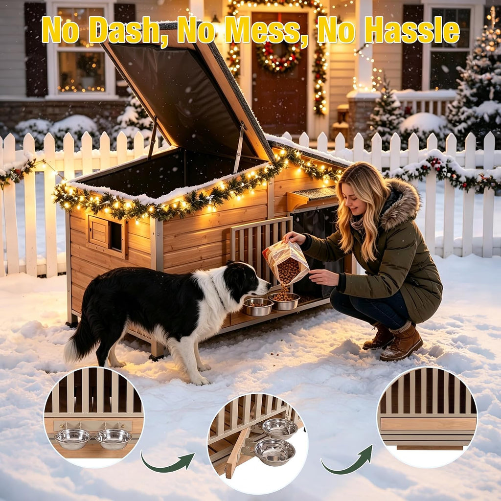outside chew-resistant heated dog house with metal frame, front angle view