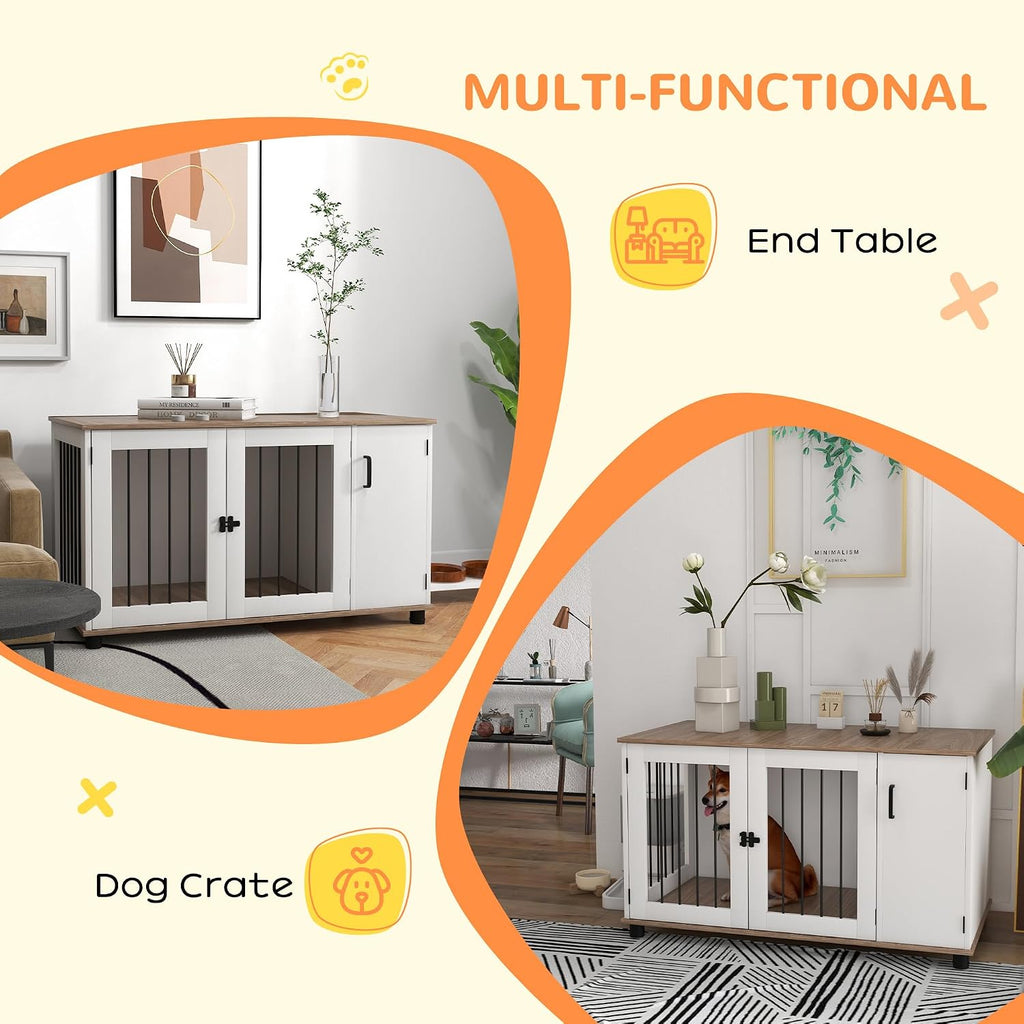 pawhut dog crate furniture with storage double doors, side view
