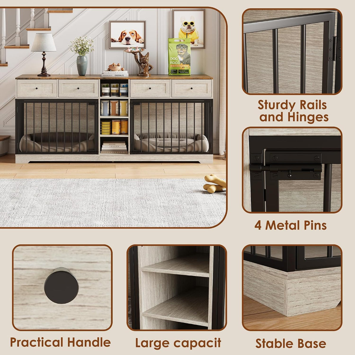 garveehome 82" double dog crate furniture with storage showing dimensions