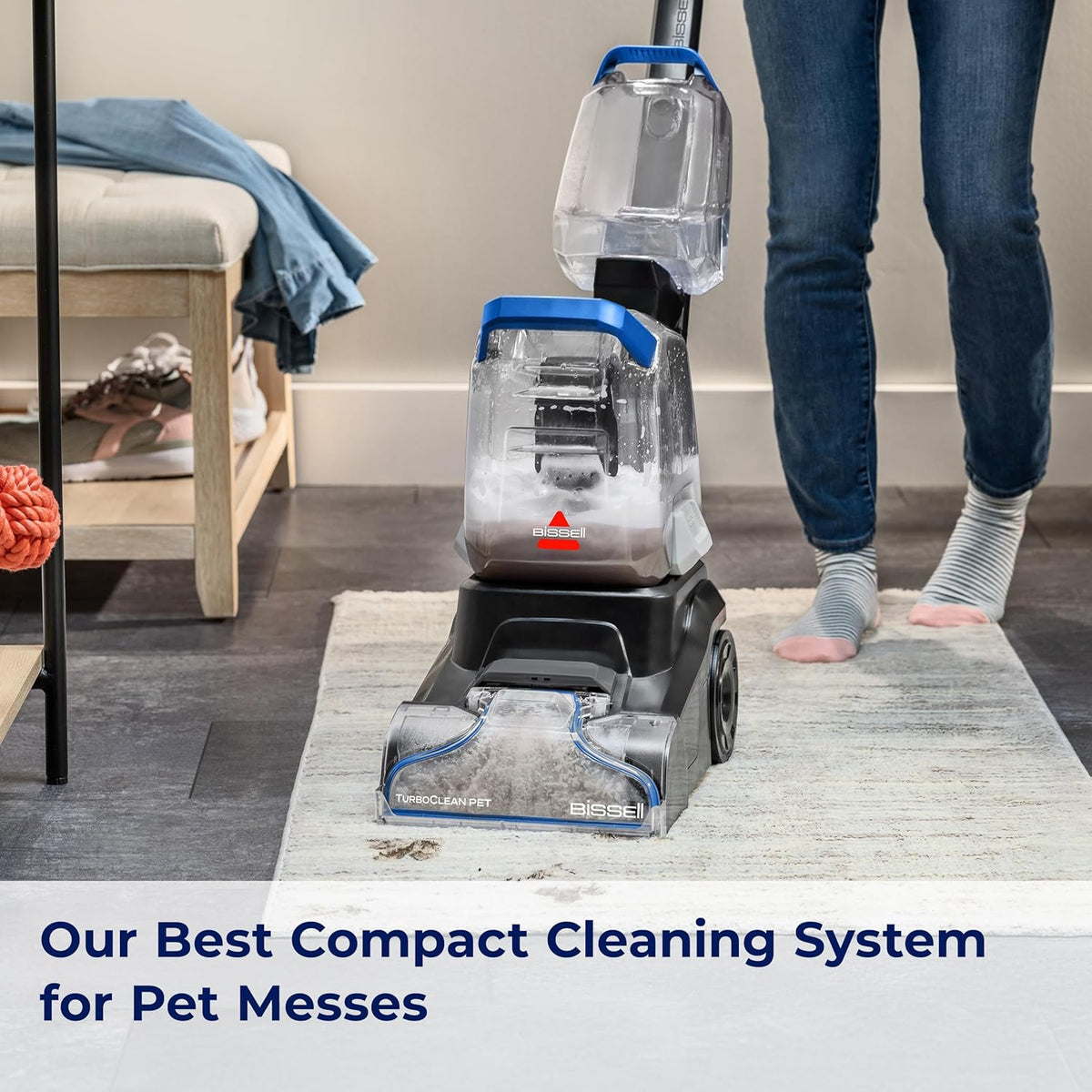 bissell turboclean pet, upright carpet & upholstery cleaner shown in use