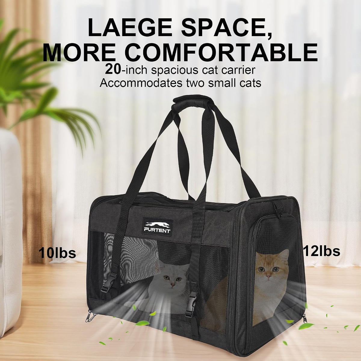 soft sided cat carrier, pet carrier for 2, close-up detail