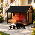 large dog house with porch & dog bowls, main product view