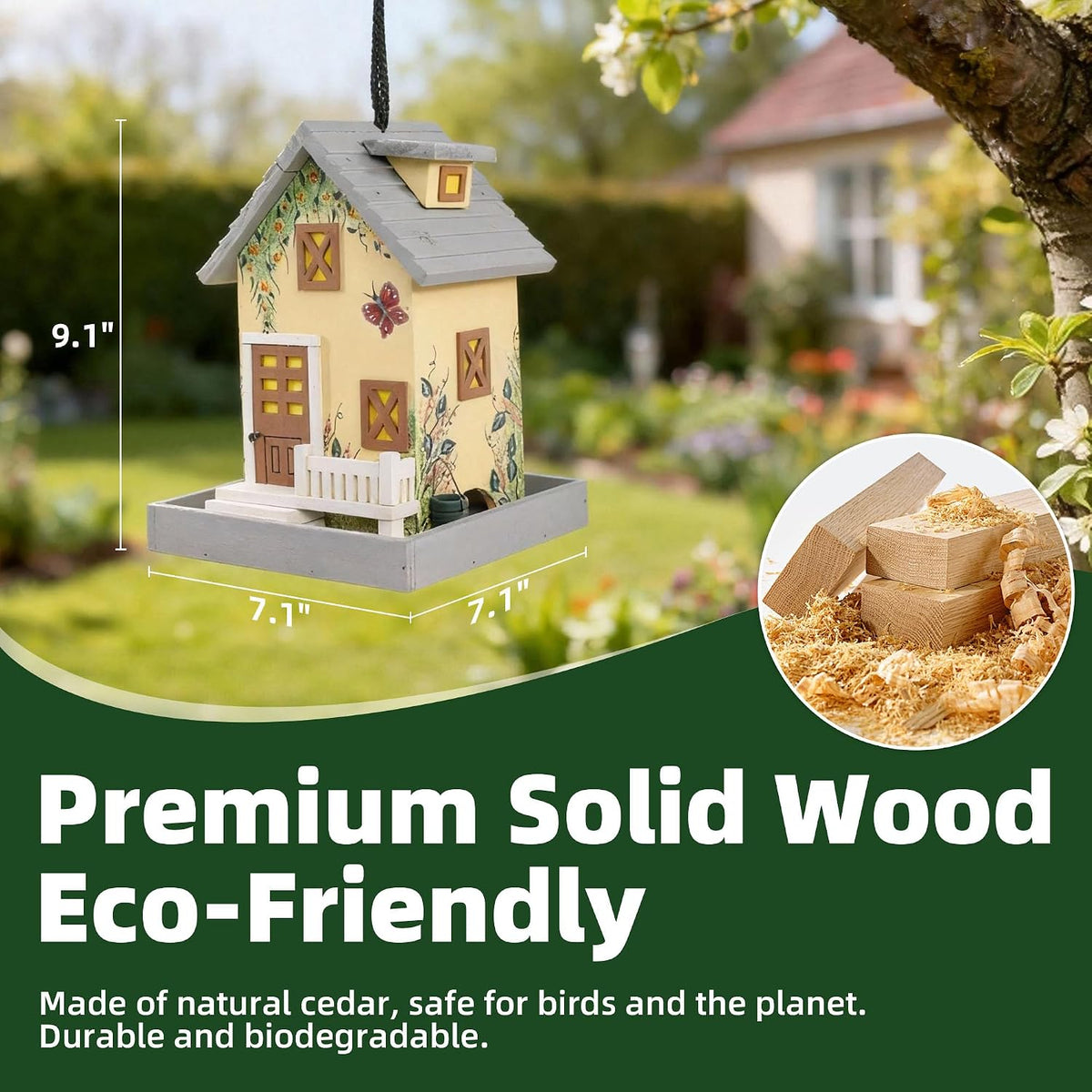 mewang colorful hanging wooden bird house feeder, light shown in use