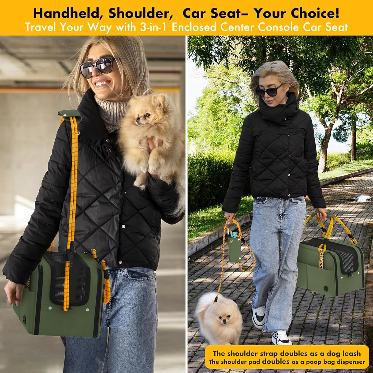 pawzidea center console dog car seat, secure straps showing dimensions