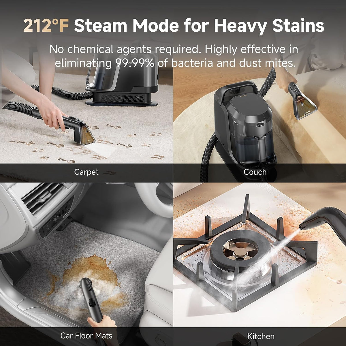 uwant carpet cleaner machine with steam&hot&cold water system, side view