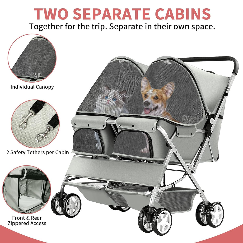 double pet stroller for 2 dogs & cats shown in use