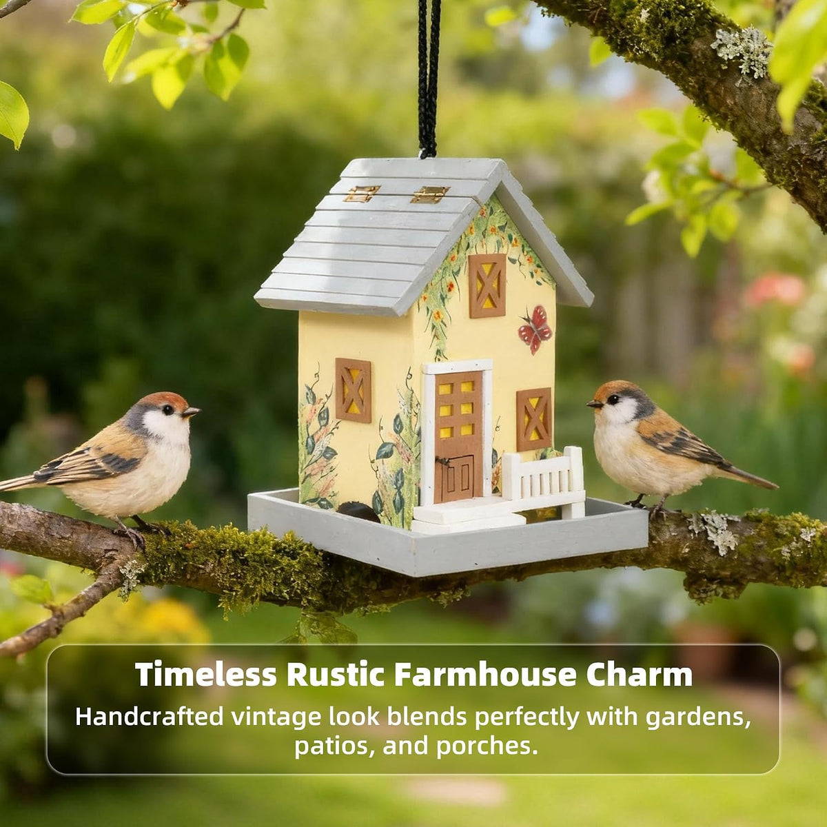 mewang colorful hanging wooden bird house feeder, light, close-up detail