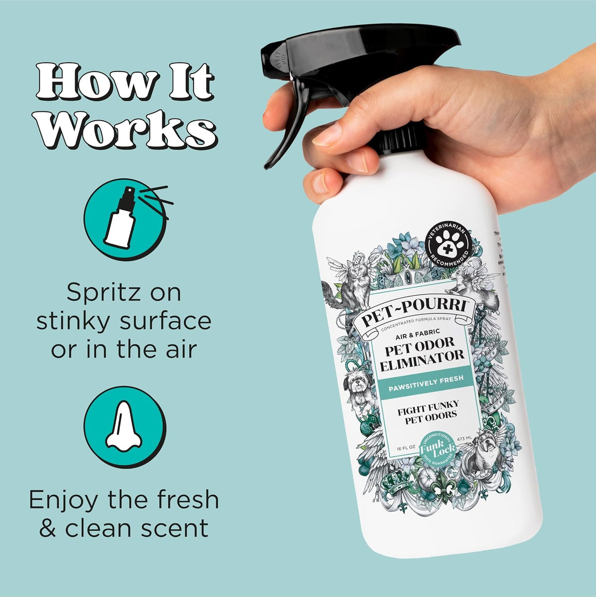 pet-pourri air + fabric pet odor freshener spray showing dimensions