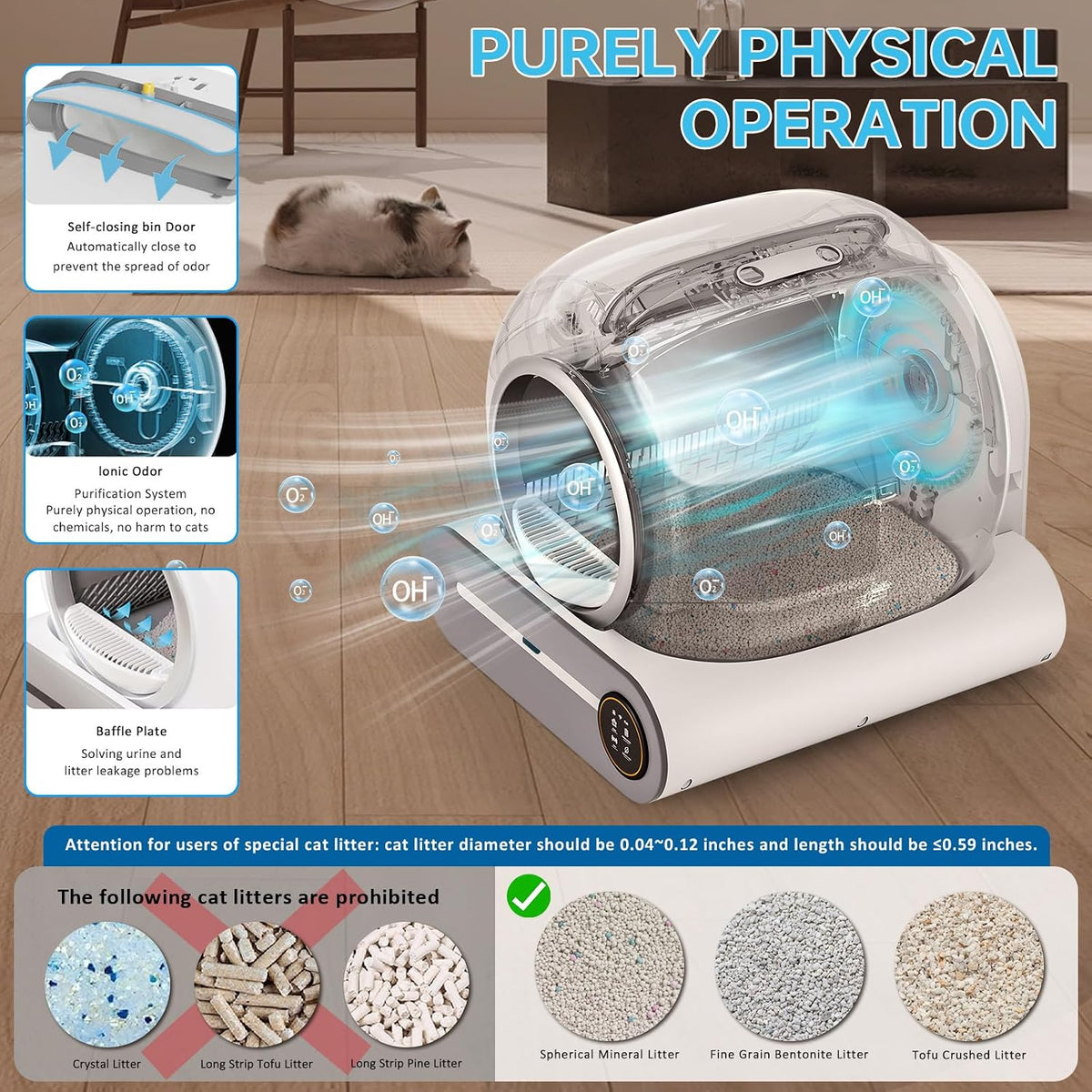 suanpot self cleaning cat litter box, automatic robot showing dimensions