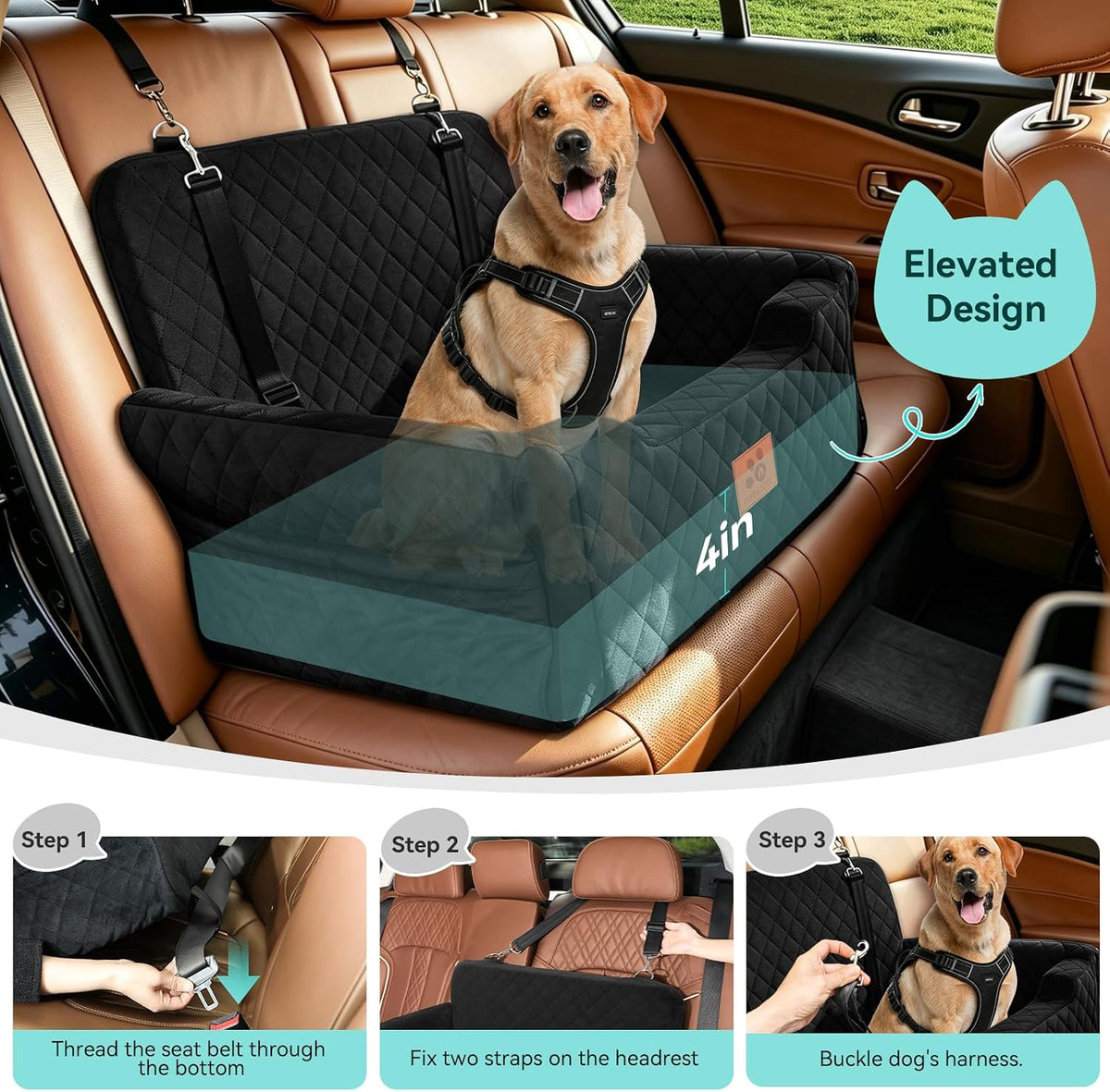 dog car seat for large/medium dogs uuder 55 showing dimensions