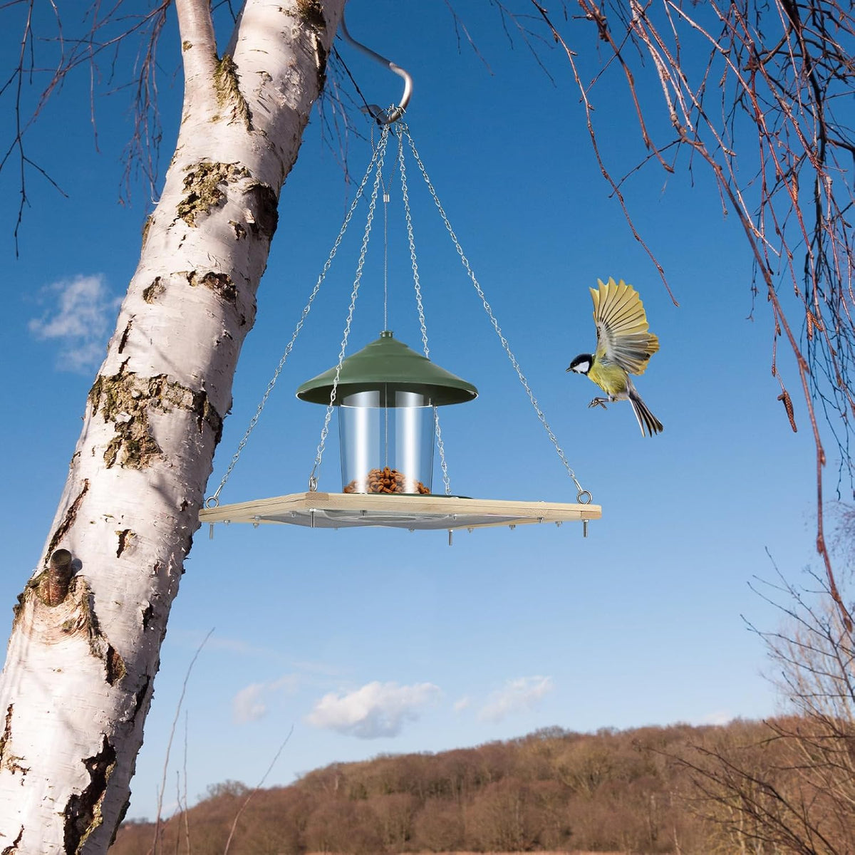 16 inch bird seed catcher hanging wooden platform, side view
