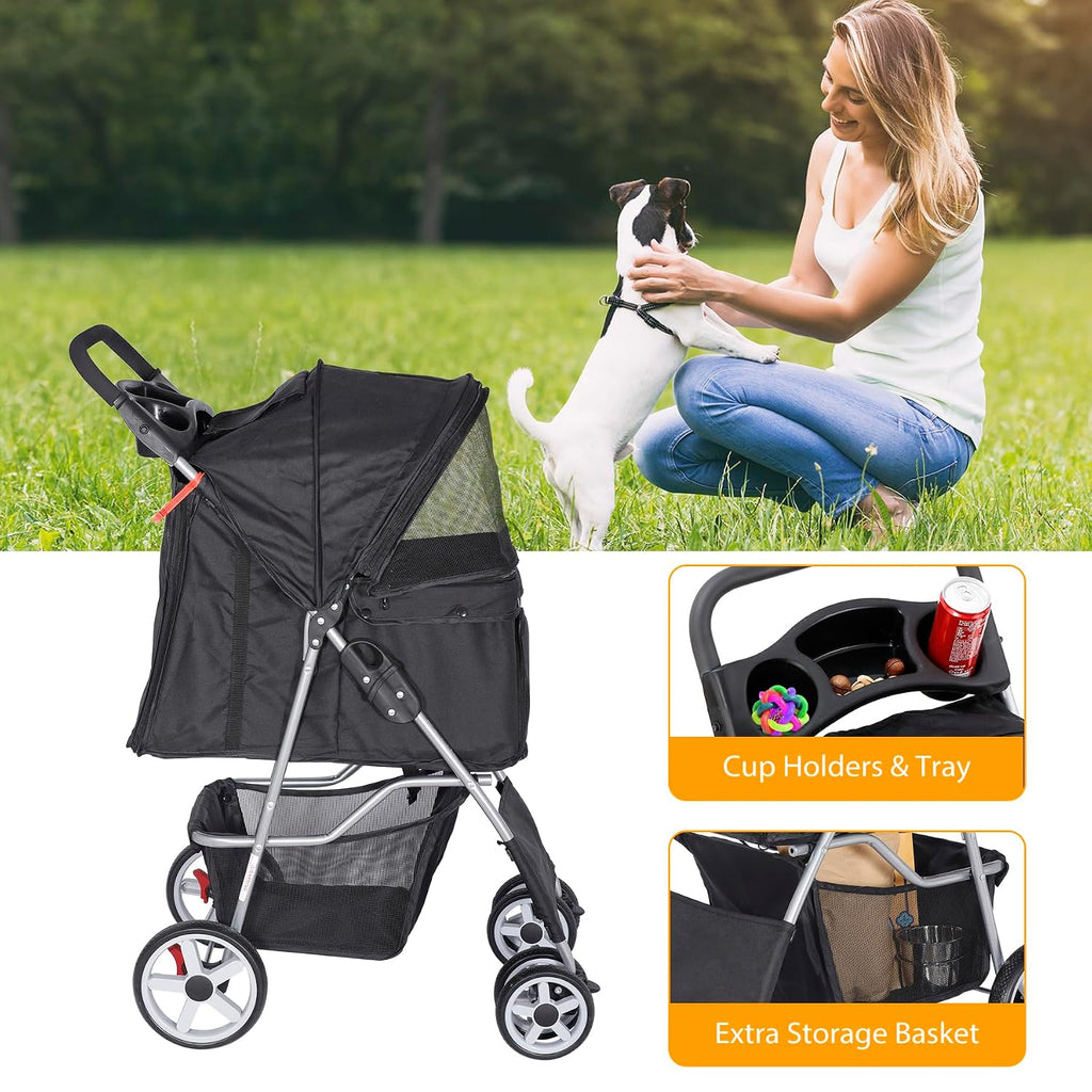 pet stroller for dogs, black 4 wheels cat, side view
