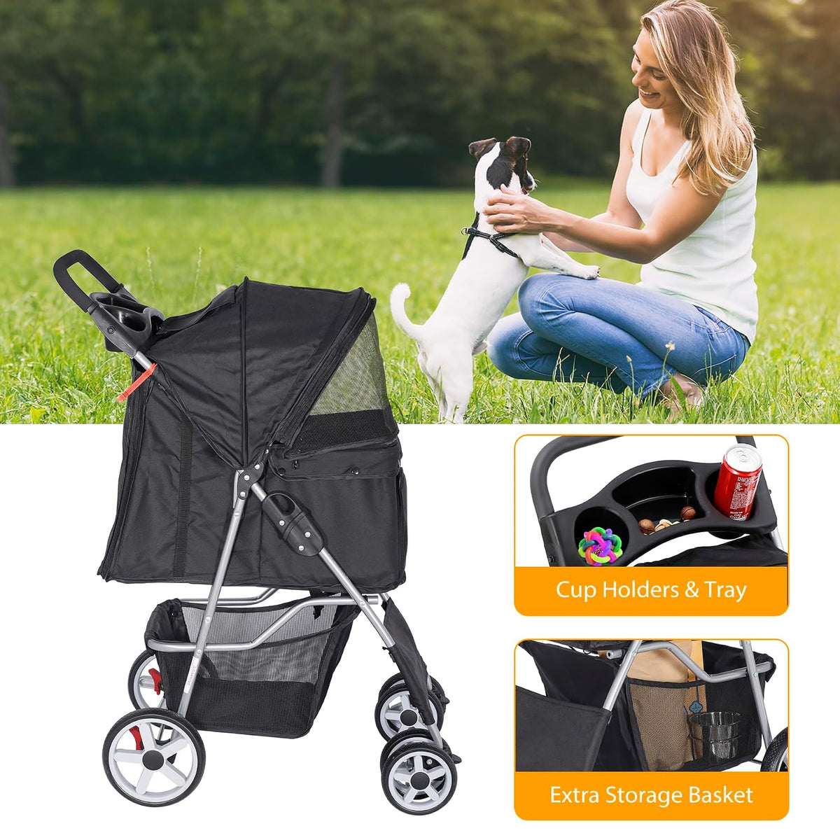 pet stroller for dogs, black 4 wheels cat, side view