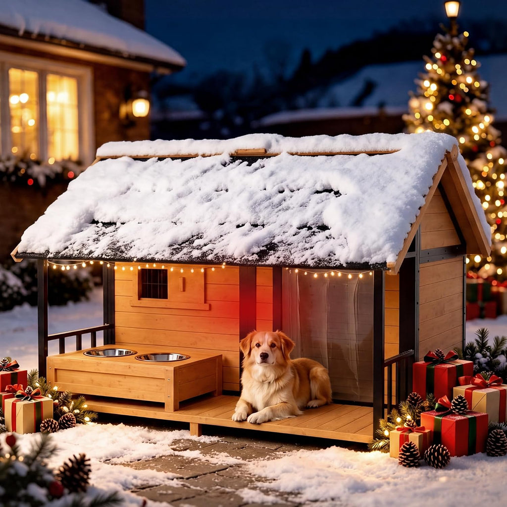 extra large dog house with porch& dog bowls on a desk or shelf