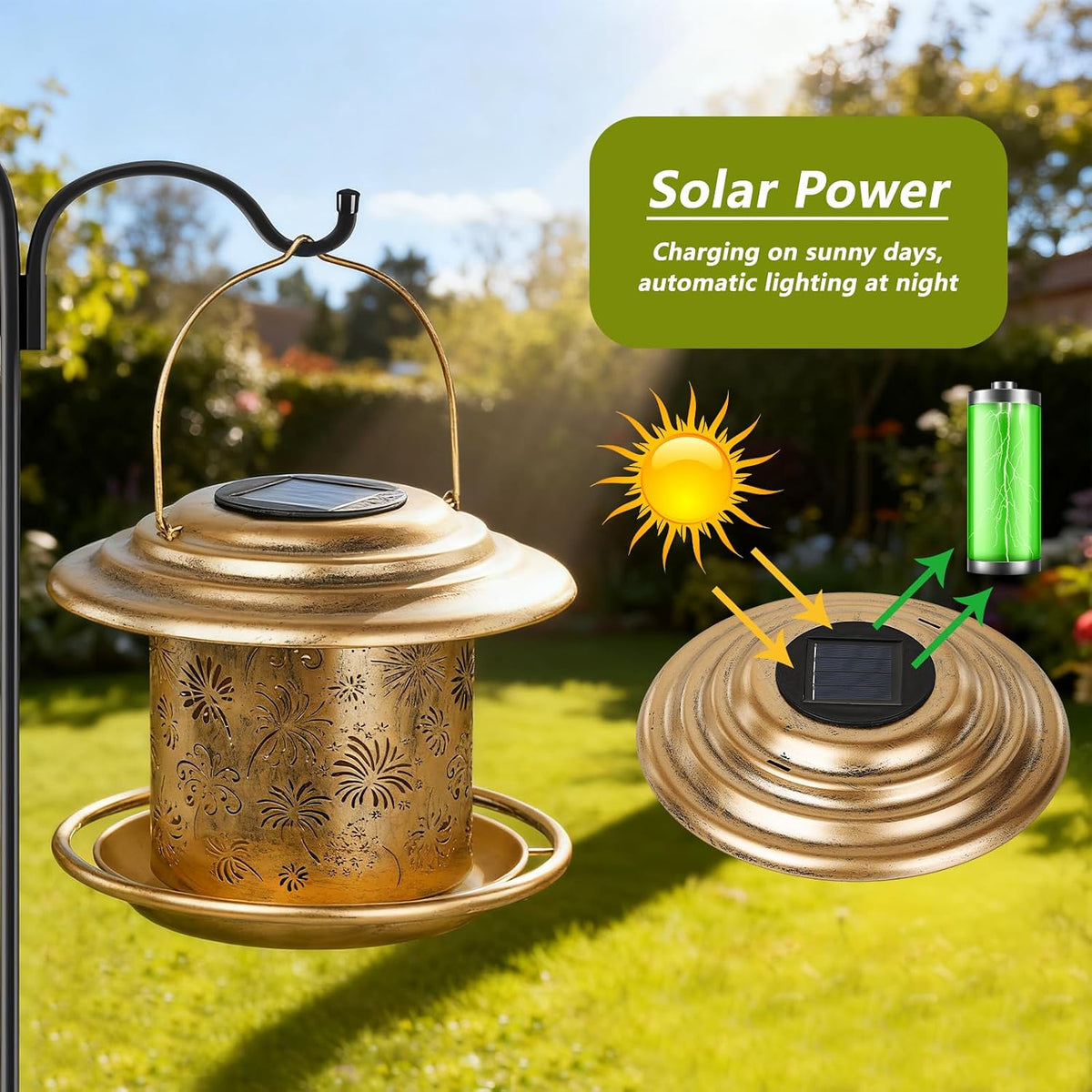 solar bird feeders for outdoors, weatherproof metal bird, close-up detail