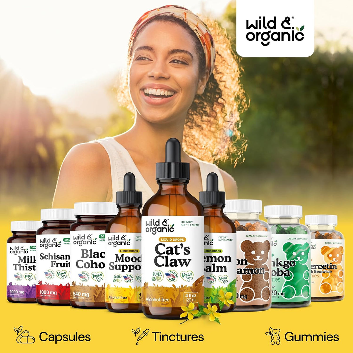 wild & organic cats claw herb supplement showing dimensions