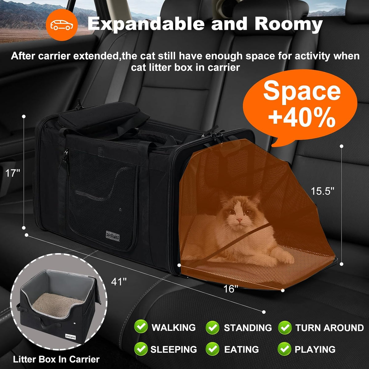 pidipiti 25x17x17 extra large expandable car cat carrier, close-up detail