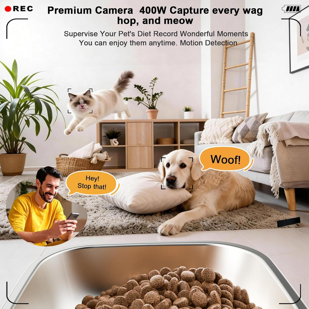 automatic cat feeder with 4k camera,2.4g auto dog, close-up detail