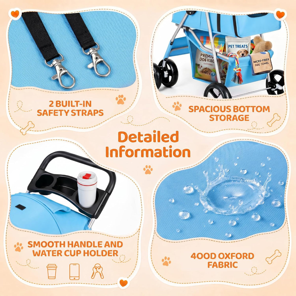 zeny foldable pet stroller, cat/dog stroller with 4, side view