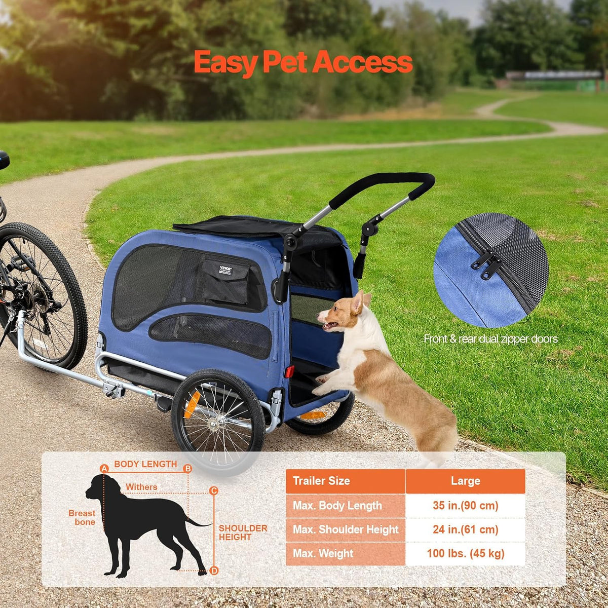 vevor dog bike trailer, supports up to 66/88/100 showing dimensions