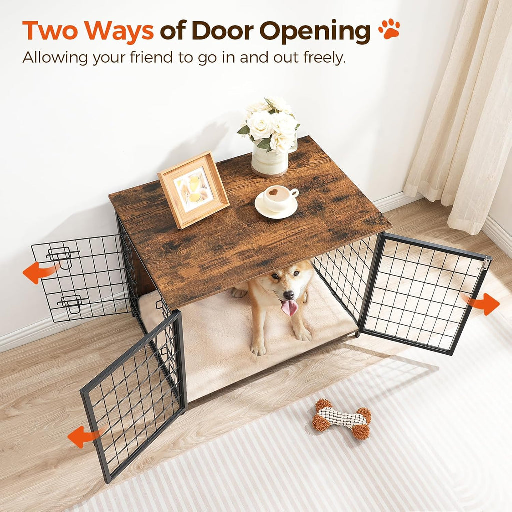 mahancris dog crate furniture with cushion, wooden dog, close-up detail