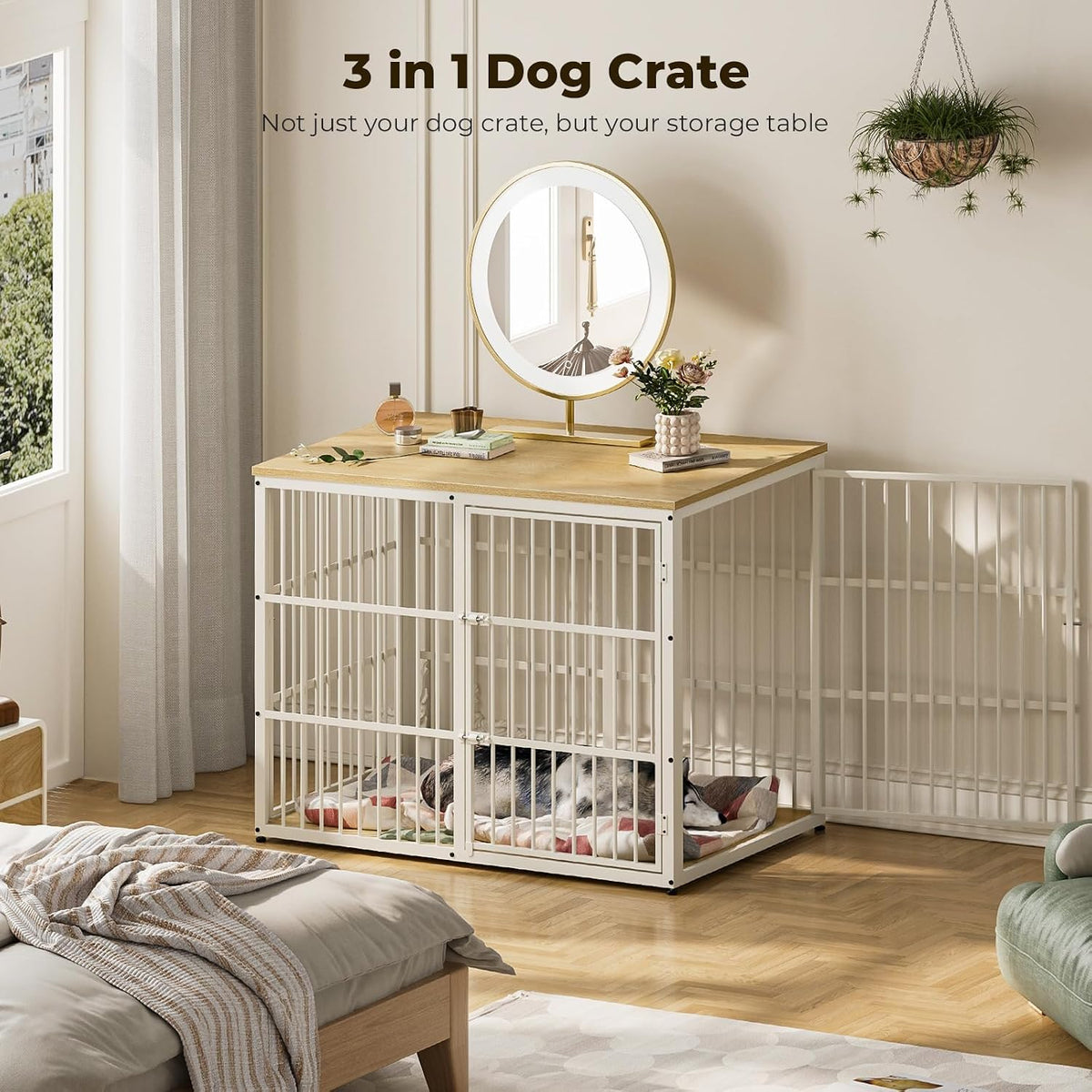lyromix 48'' xxl dog crate furniture with 3 showing dimensions