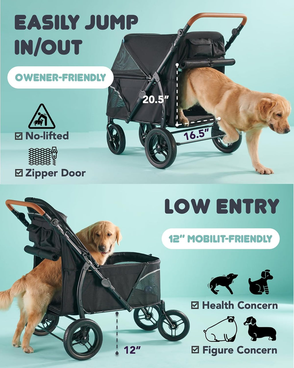 zoosky pet stroller for large dogs up to showing dimensions