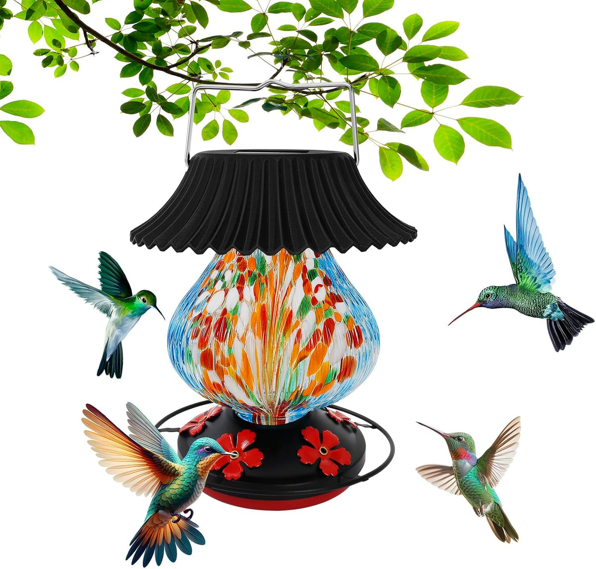 solar hummingbird feeder, hand blown glass multicolor night, main product view