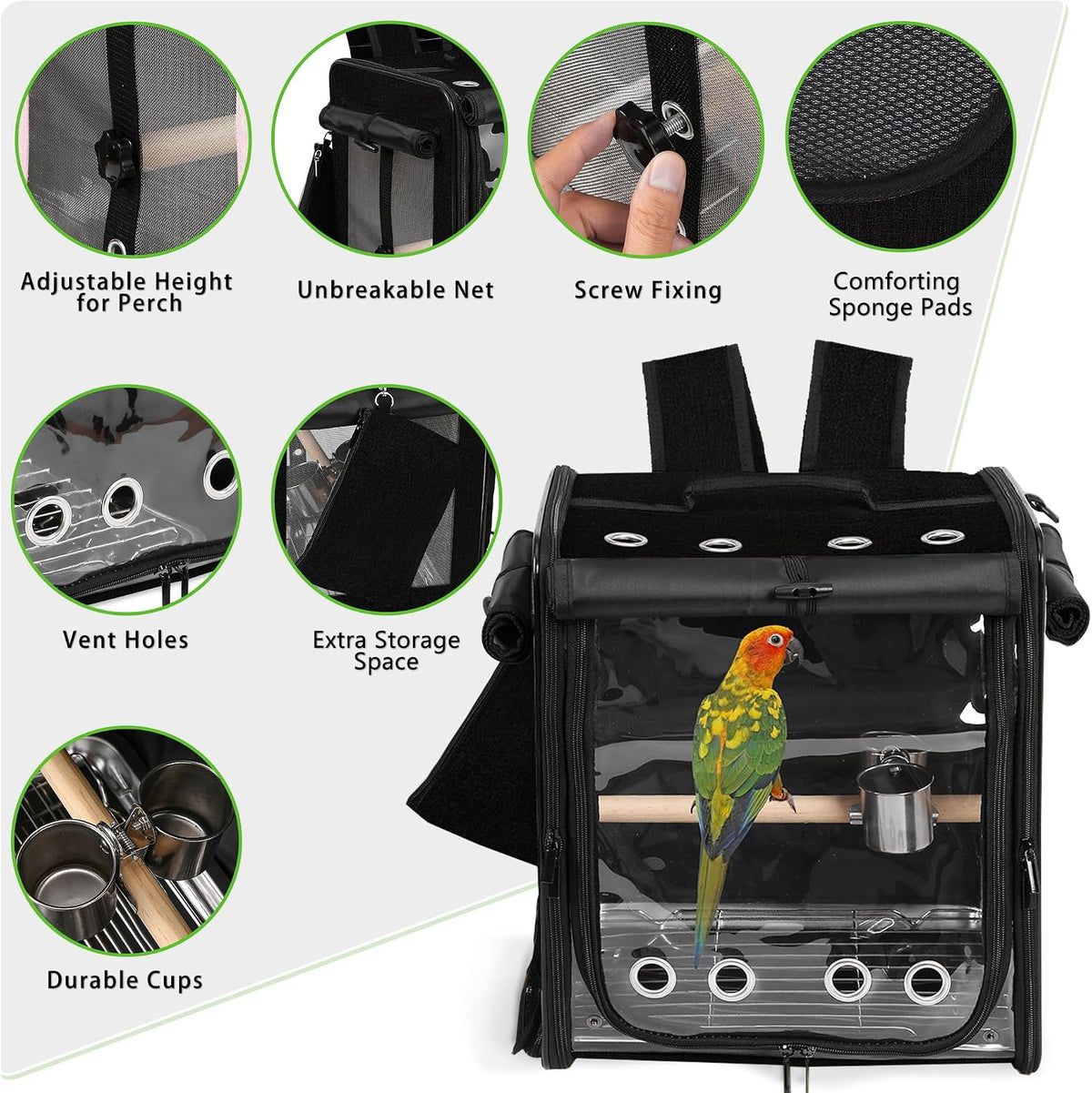 sanmoncare bird carrier for car travel with seat, close-up detail