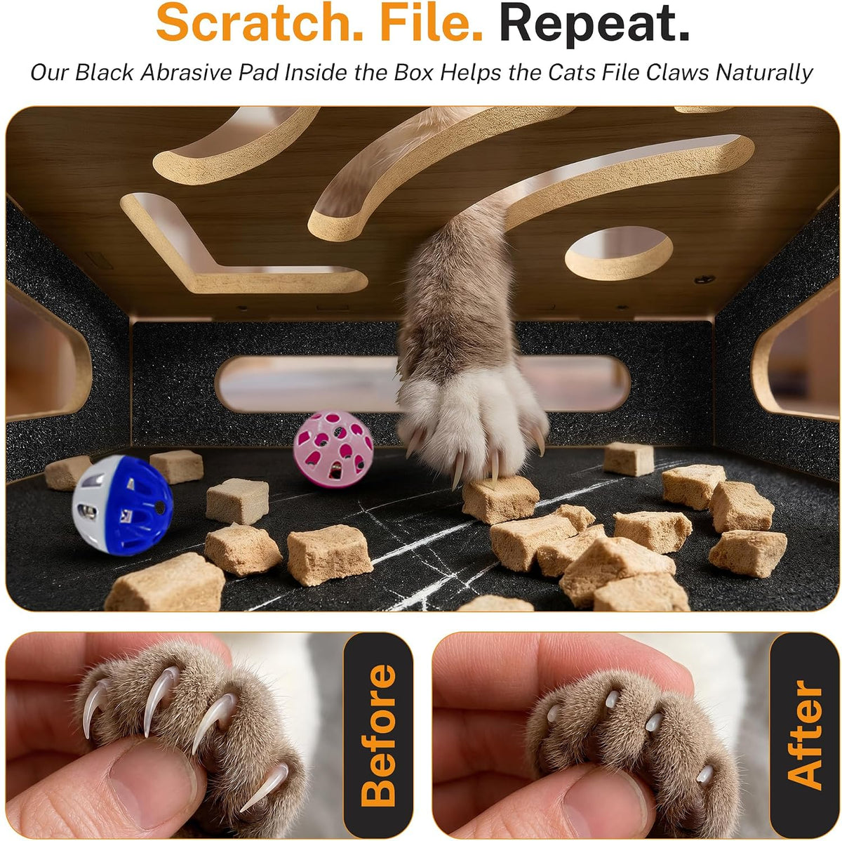 cat nail file scratcher box – xl wooden, close-up detail