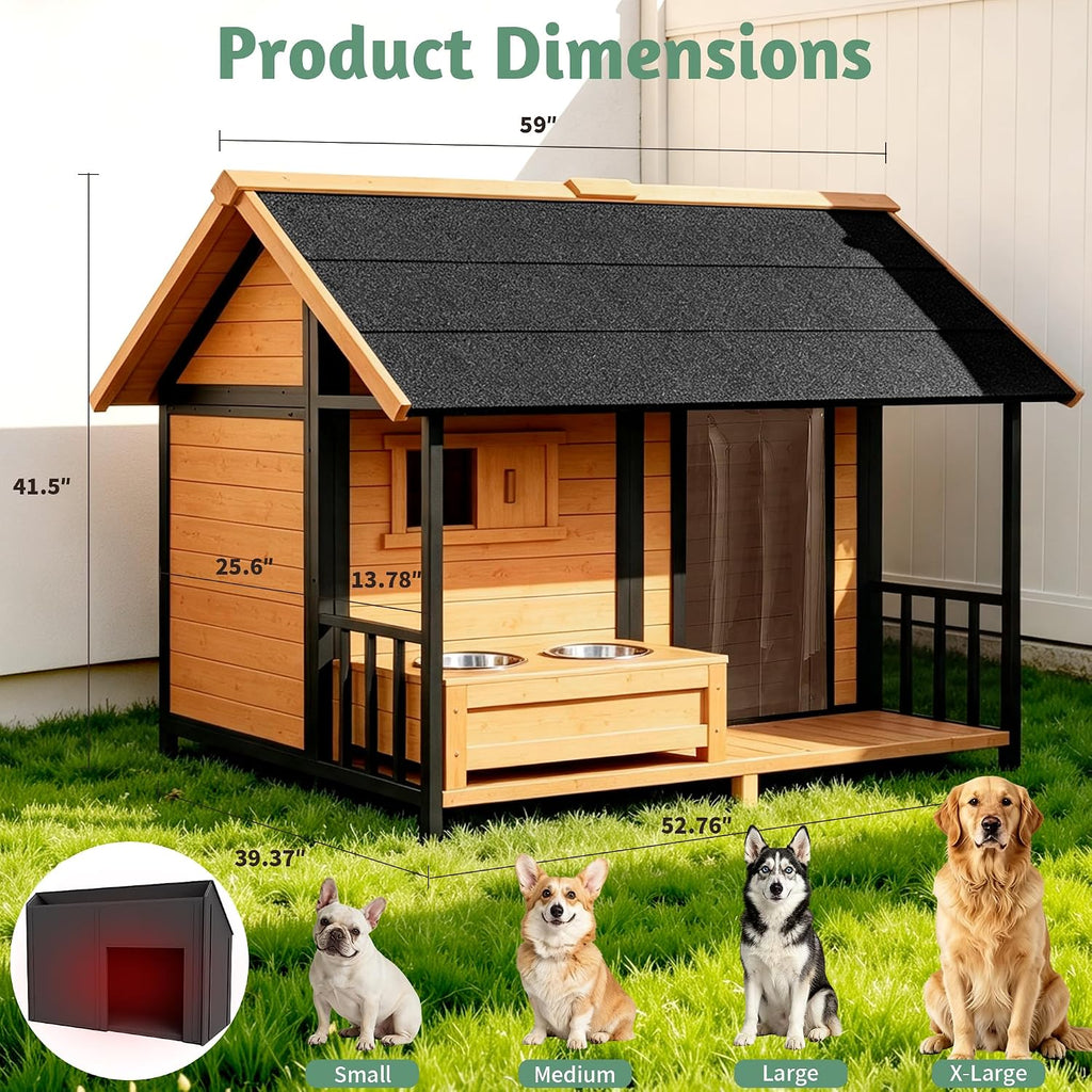 extra large dog house with porch& dog bowls shown in use
