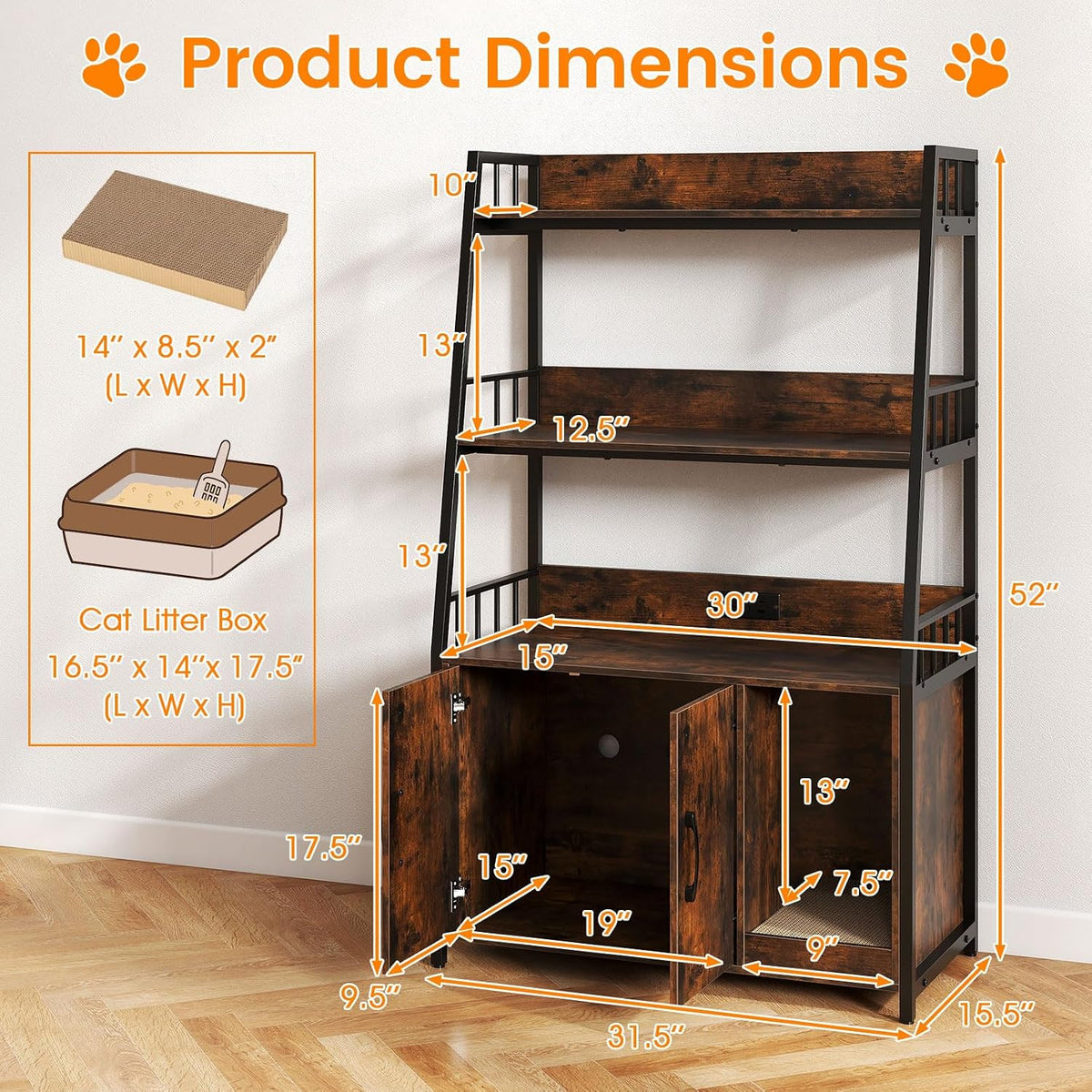 petsite cat litter box enclosure with storage shelves, side view