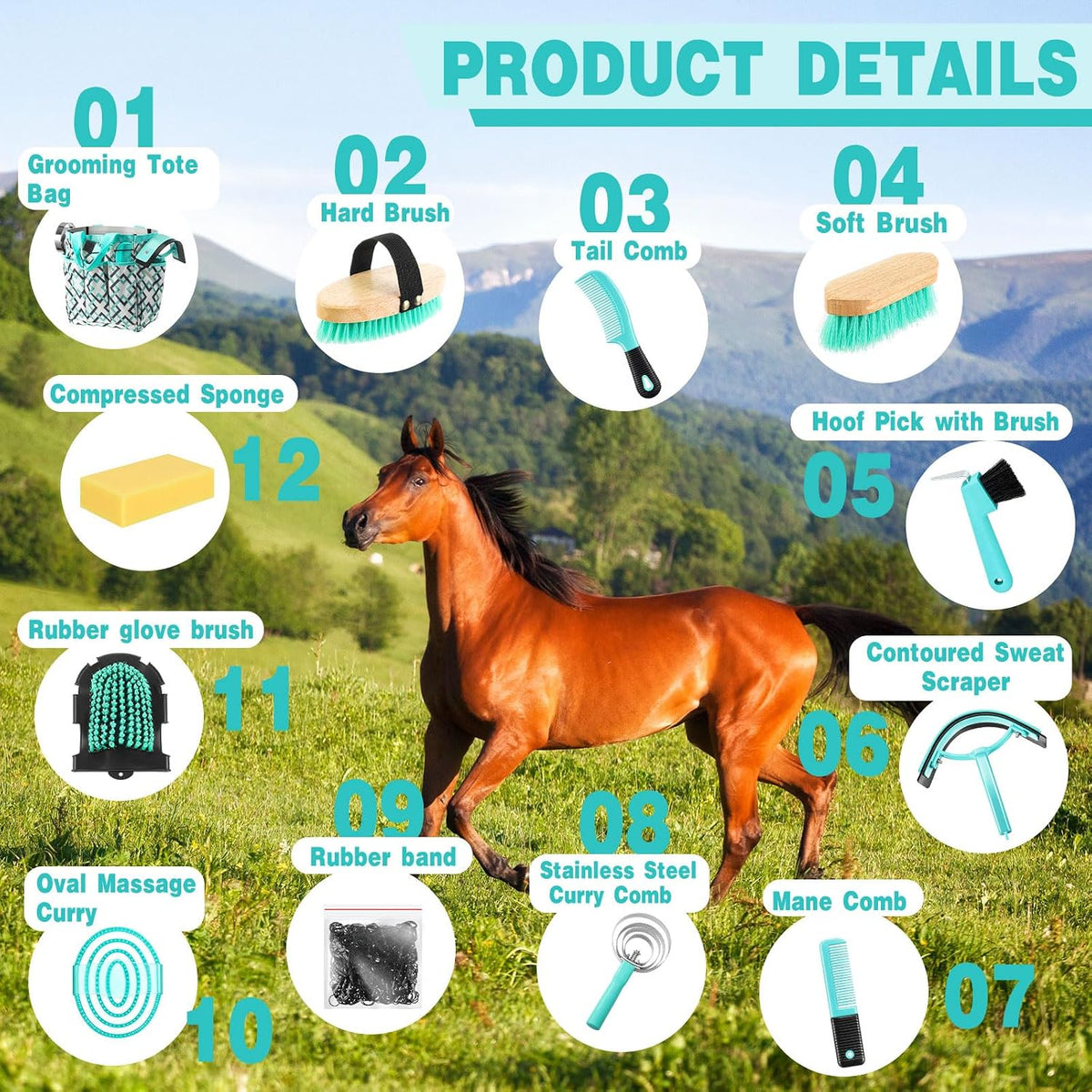 abbylike 12 piece horse grooming kit with organizer, close-up detail