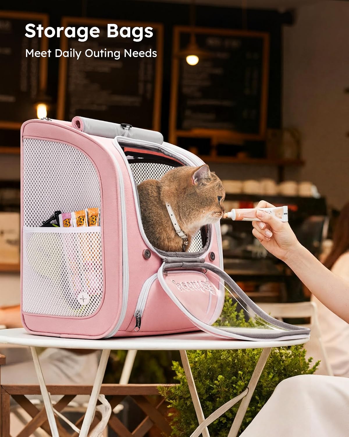 pecute cat backpack carrier,large space cat bubble backpack,ergonomic,pink on a desk or shelf