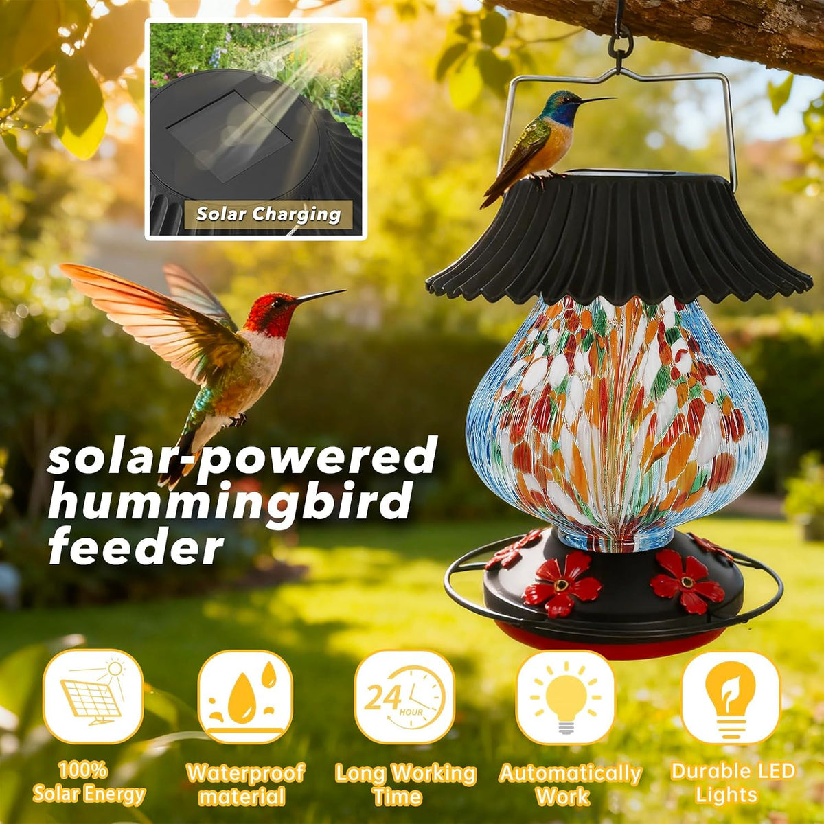 solar hummingbird feeder, hand blown glass multicolor night shown in use