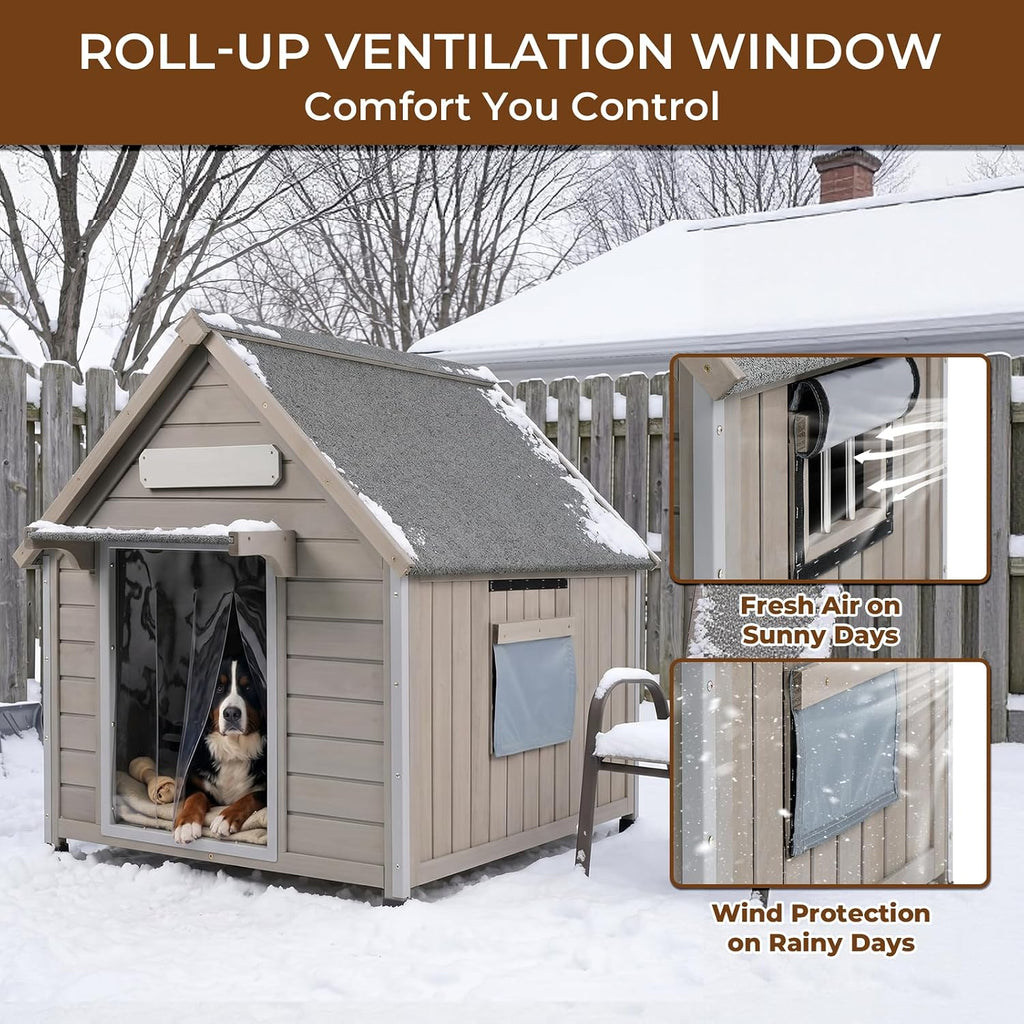 weatherproof wooden dog house outdoor for medium‑large dogs, close-up detail